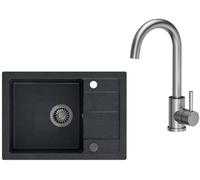 VBChome Lavello con rubinetto nero 62 x 44 cm, in granito, lavello singolo da incasso, superficie di sgocciolamento, macchiettato, reversibile, rubinetto in acciaio inossidabile, lavello composito +