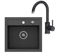 VBChome Lavello Cucina + Rubinetto 50x47 cm Nero - Lavello Incasso Monovasca in Composito, Design Puntinato, Montaggio a Filo, con Sifone e Scarico - Lavandino Elegante per Cucina Moderna