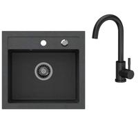 VBChome Lavello da incasso con rubinetto, 50 x 47 cm, in granito, colore nero