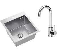 VBChome Lavello da incasso in acciaio inox, 40 x 45 cm, spazzolato, con foro per rubinetto, con scarico grande, sifone in acciaio inox, cromato argento