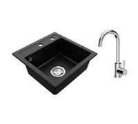 VBChome Lavello in granito, 44 x 44 cm, nero con rubinetto, lavello singolo da incasso, maculato, facile da pulire, con sifone, ideale per piccole cucine