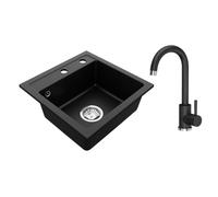 VBChome Lavello in granito, 44 x 44 cm, nero con rubinetto, lavello singolo da incasso, maculato, facile da pulire, con sifone, ideale per piccole cucine