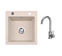 VBChome Lavello in granito, 50 x 48 cm, beige con rubinetto, lavello singolo da incasso, maculato, facile da pulire, con sifone, ideale per piccole cucine