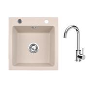 VBChome Lavello in granito, 50 x 48 cm, beige con rubinetto, lavello singolo da incasso, maculato, facile da pulire, con sifone, ideale per piccole cucine