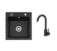 VBChome Lavello in granito, 50 x 48 cm, nero con rubinetto, lavello singolo da incasso, maculato, facile da pulire, con sifone, ideale per piccole cucine