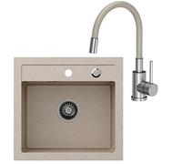 VBChome - Set Lavello da Cucina in Granito 50 x 47 cm Beige + Miscelatore Cucina con Doccetta Flessibile | Resistente ai Graffi e al Calore | Completo di Scarico e Accessori