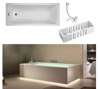 VBChome Vasca da bagno 160x70 cm acrilica colore bianco spazio illuminazione LED supporto sifone rettangolare design moderno scarico cromato