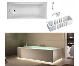 VBChome Vasca da bagno 160x70 cm acrilica colore bianco spazio illuminazione LED supporto sifone rettangolare design moderno scarico cromato