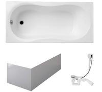 VBChome Vasca da bagno, 170 x 70 cm, colore bianco, in acrilico, sifone rettangolare, per vasca da bagno con grembiule, design moderno