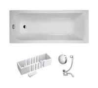 VBChome Vasca da bagno, 170 x 70 cm, in acrilico, colore bianco, set di supporto per vasca da bagno, sifone rettangolare, design moderno, in polistirolo cromato, Viega Simplex 170 x 70 cm
