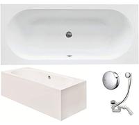 VBChome Vasca da bagno in acrilico, 150 x 75 cm, set di grembiule, sifone, vasca in acrilico, rettangolare, bianco, design moderno, piedini per vasca da bagno, scarico cromato