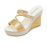 VBEDKDEB Sandali estivi da donna, comodi, con zeppa, con suola spessa, per aumentare la statura, con design Cut Out, comodi sandali da donna estivi, gold, 37 EU