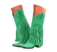 VBEDKDEB Stivali da donna al ginocchio, comodi da infilare, tacco grosso, punta a punta, stivali con frange, stivali western alti al ginocchio, scarpe medie per Dirndl, verde, 41 EU