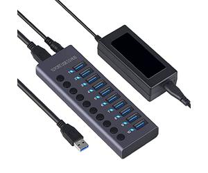 VBESTLIFE Hub USB 3.0 Alimentato, Adattatore Multiporta USB da 10 Porte da 60 W Docking Station USB 3.0 con Guscio in Lega di Alluminio con Interruttori di Alimentazione LED (Spina Europea)