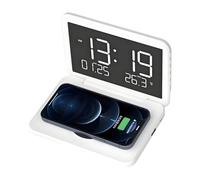 VBESTLIFE Orologio di Ricarica Wireless, Specchio LED Pieghevole di Ricarica Rapida da 15 W con Schermo LCD di luminosità Regolabile per Comodino (WHITE)