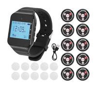 VBESTLIFE Sistemi Cercapersone per Chiamate Wireless per Ristoranti, Ricevitore Orologio LCD con Campanelli da Scrivania da 10 Pezzi 4 Tasti, Resistente All'acqua IPX4, per Ristorante di (BLACK)