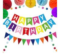 Vbxvsa Set di decorazioni di compleanno arcobaleno, striscione di buon compleanno, bandierine, decorazioni a nido d'ape, stringa colorata a pois, decorazioni per feste di carta riutilizzabili