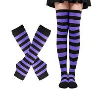 Vbxvsa Striped - Set di calze al ginocchio, scaldamuscoli alti per le braccia, a righe, Viola Nero A Righe, Taglia unica