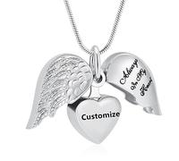 VCCWYQK Collana con urna a forma di cuore con ala d'angelo, per ceneri, per donne, uomini, gioielli per cremazione, Misura unica, Acciaio inossidabile, Nessuna pietra preziosa