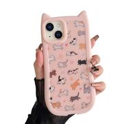 VCGFJD Custodia per iPhone 15 Plus, graziose orecchie di gatto 3D con bottoni a forma di zampa di gatto, motivo vintage disegnato a mano, con cuori e impronte di zampe, custodia protettiva morbida