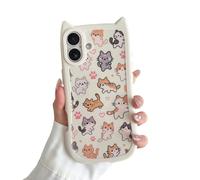 VCGFJD Custodia per iPhone 16 Plus, graziose orecchie di gatto 3D con bottoni a forma di zampa di gatto, motivo vintage disegnato a mano, con cuori e impronte di zampe, custodia protettiva morbida