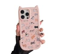 VCGFJD Custodia per iPhone 16 Pro Max, graziose orecchie di gatto 3D con bottoni a forma di zampa di gatto, motivo vintage disegnato a mano, con cuori e impronte di zampe, custodia protettiva morbida