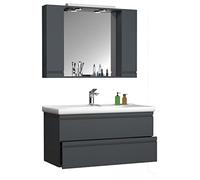 VCM 3-TLG. Waschplatz Waschtisch 100 cm Badmöbel Set Waschbecken grifflose Schublade Spiegelschrank Silora XL Anthrazit