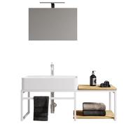 VCM 3-TLG. Waschplatz Waschtisch Badmöbel Set Waschbecken Holz Metall Industrial Style Bitila 100 V1 Weiß/Honig-Eiche