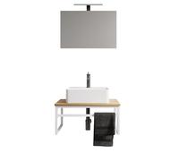 VCM 3-TLG. Waschplatz Waschtisch Badmöbel Set Waschbecken Holz Metall Industrial Style Bitila 60 V1 Weiß/Honig-Eiche