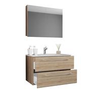 VCM 3-TLG. Waschplatz Waschtisch | Waschbecken Unterschrank Breite 80 cm | Badmöbel Set hängend mit Zwei Schubladen Spiegelschrank | Badinos Sonoma-Eiche
