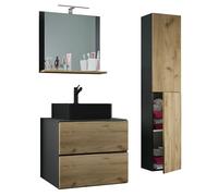VCM 4-TLG. Waschplatz Waschtisch Badmöbel Set Waschbecken Lendas-BL Breite 60 cm L Schublade Anthrazit/Honig-Eiche