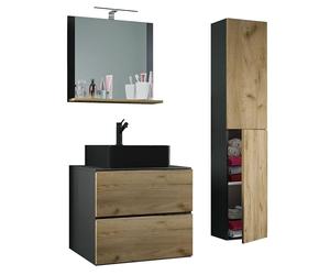 VCM 4-TLG. Waschplatz Waschtisch Badmöbel Set Waschbecken Lendas-BL Breite 60 cm L Schublade Anthrazit/Honig-Eiche