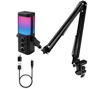 VCOM Microfono USB per PC, microfono a condensatore dinamico a braccio per podcasting, streaming, con cuffie di monitoraggio jack da 3,5 mm, disattivazione rapida, indicatore RGB, supporto antiurto