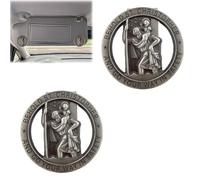 vcsjw Medaglia auto di Christopherus, medaglia auto di San Cristoforo 2 pezzi, clip per visiera rotonda St Christopher medaglia badge clip, proteggilo e torna a casa in modo sicuro