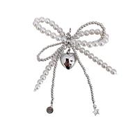 VCSZYAFX 2 pezzi di pizzo, perle, fiocco, lacci delle scarpe, ciondoli, sneakers, ciondolo decorativo, amore, catena, fibbia, accessori con per scarpe sportive/casual(White Silver Pearl)