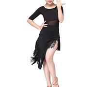 VCSZYAFX Abito da ballo latino for ragazze, a maniche corte, con frange irregolari, for tango, sala, samba, salsa Adatto per abiti da ballo latino(Black,130cm)