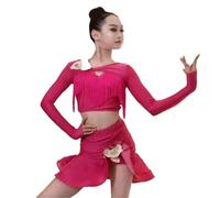 VCSZYAFX Abito da ballo latino for ragazze autunno e inverno con nappa, gonna for esercizi avanzati Adatto per abiti da ballo latino(Rose red,140)