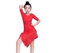 VCSZYAFX Mid Long Sleeve Lace Mesh Mordern Ballroom Dancing Dresses For Salsa Tango Skirt Latin Dance Dress Girls Adatto per abiti da ballo latino(Red,Height 130 to 140cm)