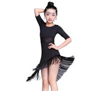 VCSZYAFX Mid Long Sleeve Lace Mesh Mordern Ballroom Dancing Dresses For Salsa Tango Skirt Latin Dance Dress Girls Adatto per abiti da ballo latino(Black,Height 130 to 140cm)