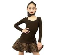 VCSZYAFX Vestito da ballo latino a maniche lunghe for ragazze, for allenamento, tango, rumba e performance Adatto per abiti da ballo latino(Dark coffee,140cm)