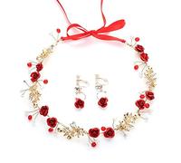 Vctitil Set di orecchini a fascia per capelli in cristallo rosso con nastro gioielli da sposa diademi rosa fiore corona perla gioielli per capelli da sposa