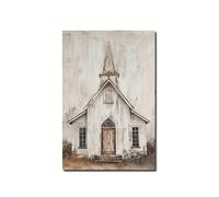 Vcvbhbn Quadro su tela con chiesa di campagna bianca e invecchiata, stile vintage rustico, edificio religioso, decorazione per la casa (70x100 cm/cornice interna)