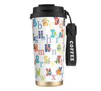 VCzsdff Bicchiere da caffè isolato con lettere dell'alfabeto degli animali, con coperchio a prova di perdite, tazza da viaggio in acciaio inossidabile 316 con cinturino da polso