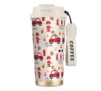 VCzsdff Bicchiere da caffè isolato per bambini e bambine in vigili del fuoco, con coperchio a prova di perdite, tazza da viaggio in acciaio inossidabile 316 con cinturino da polso