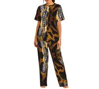 VCzsdff Il serpente giallo ha stampato l'insieme degli indumenti da notte delle donne, Loungewear casuali per la casa, il viaggio & l'università, Nero , 3XL