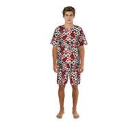 VCzsdff Set da notte estivo da uomo, con stampa a rombi a scacchi, camicia stampata con pantaloncini elastici, leggera idea regalo, Nero , XL