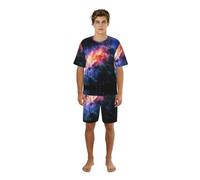 VCzsdff Set da notte estivo da uomo, con stampa galassia nell'universo, camicia ricca stampata con pantaloncini elastici, abbigliamento da casa leggero regalo, Nero , L