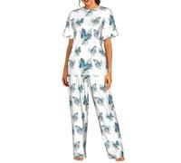 VCzsdff Set di pigiameria da donna con farfalla blu su fiore stampato floreale, abbigliamento casual per casa, viaggi e studenti universitari, Nero , S