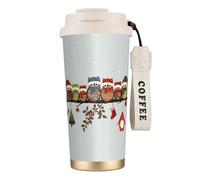 VCzsdff Simpatico bicchiere da caffè isolato con gufo natalizio sul ramo con coperchio a prova di perdite, tazza da viaggio in acciaio inossidabile 316 con cinturino da polso