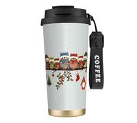 VCzsdff Simpatico bicchiere da caffè isolato con gufo natalizio sul ramo con coperchio a prova di perdite, tazza da viaggio in acciaio inossidabile 316 con cinturino da polso